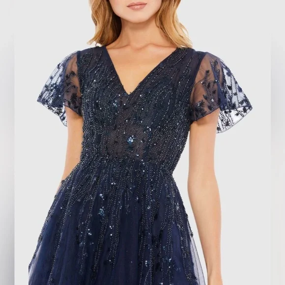 NEW MAC DUGGAL Embellished Flutter Sleeve Tea-Length Dress Midnight Navy 20304 - Picture 5 of 9